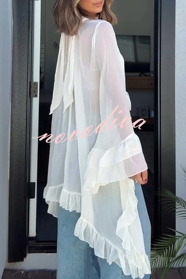 Flowy See-through Ruffle Tie-up Neck Bell Sleeve High-low Hem Cape Shirt