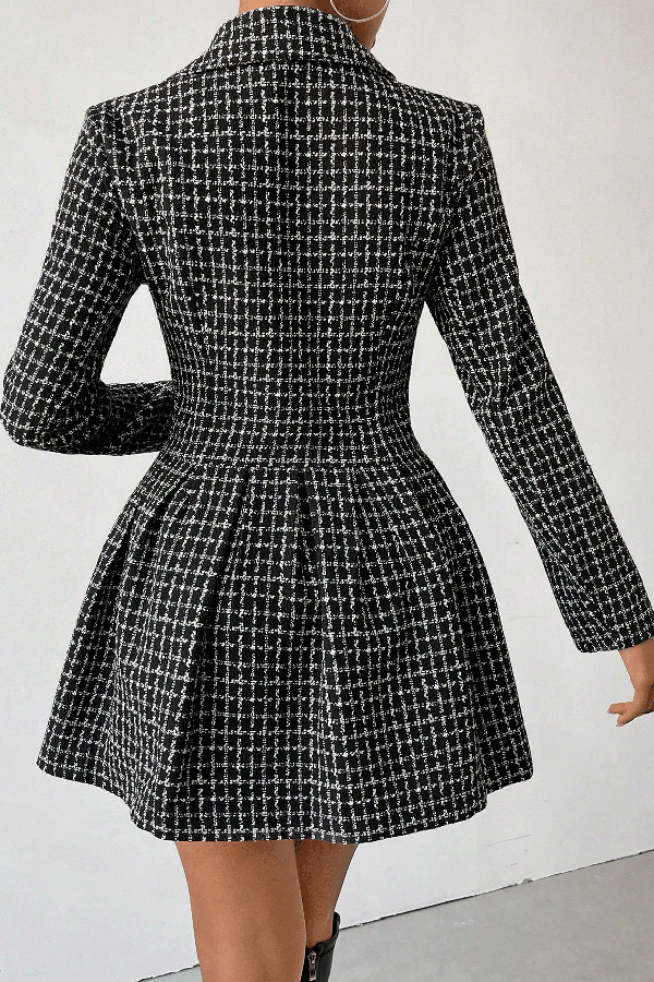 Plaid Print Lapel Long Sleeve Office Mini Dress