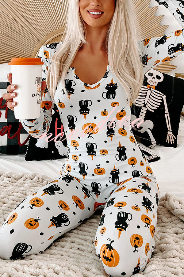 Ghost Country Halloween Print Long Sleeve Lounge Jumpsuit