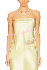 Odessa Satin Floral Lace Hem Strapless Tank and Mid Rise Wide Leg Pants Set