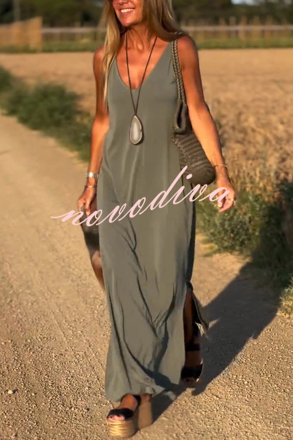 Solid Color V-neck Sleeveless Casual Loose Maxi Dress