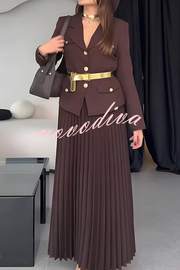 Solid Color Lapel Button Belt Blazer and Pleated Casual Maxi Skirt Set