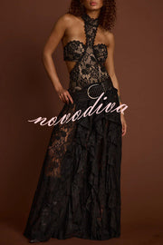 A Girls' Trip Lace High Neck Cutout Drop Waist Ruffles Maxi Dress