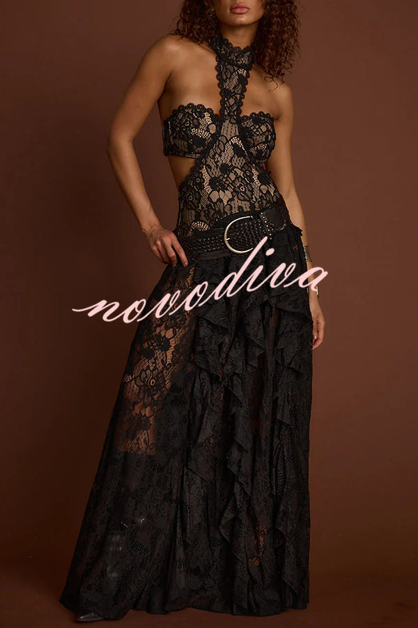 A Girls' Trip Lace High Neck Cutout Drop Waist Ruffles Maxi Dress