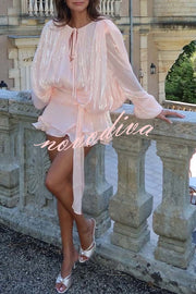 Ninah Glitter Fabric Pleated Balloon Sleeve Tiered Ruffle Hem Mini Dress