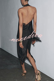 Dolly Satin Lace Trim Mid Rise Slit Drape Midi Skirt