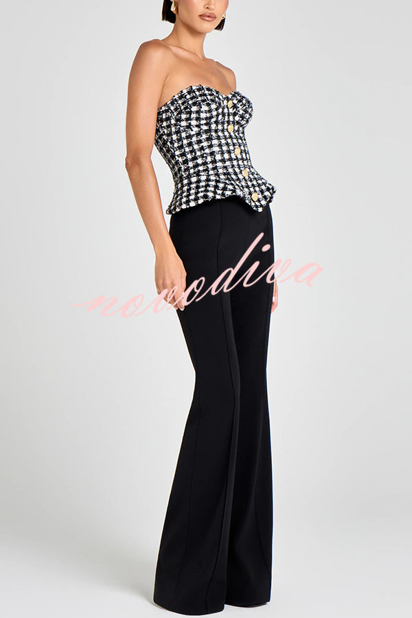 Maya Check Bouclé-tweed Fabric Sweetheart Neck Gold Button Strapless Tank