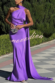 Crush on You Satin One Shoulder Backless Cape Maxi Dress