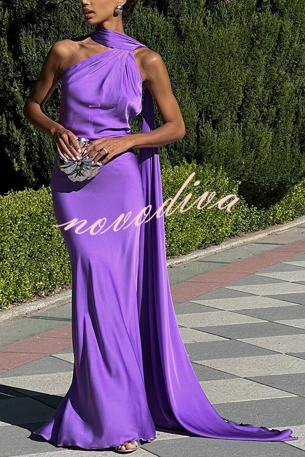 Crush on You Satin One Shoulder Backless Cape Maxi Dress