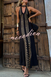 Meret Gold Geometric Print Halter Backless Stretch Maxi Dress