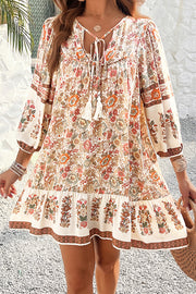 Bohemian Style Unique Printed Casual V-neck Tie Loose Mini Dress