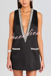 Elegant Demeanor Satin Gemstone Trim Deep V-Neck Tank H-line Mini Dress