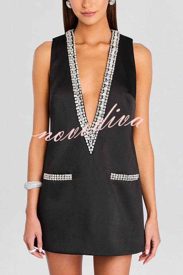 Elegant Demeanor Satin Gemstone Trim Deep V-Neck Tank H-line Mini Dress