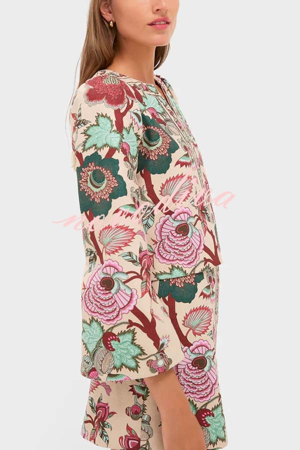 Autumn Garden Printed V-neck Long Bell Sleeve Top and Mid Rise Skirt Set