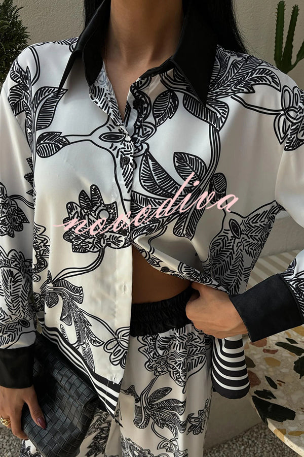 Sofia Contrast Color Flowers Print Long Sleeve Shirt and Elastic Waist Pocketed Pants Set