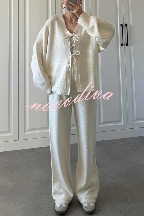 Solid Color V-neck Tie Long-sleeved Loose Knit Cardigan and Elastic Waist Casual Straight Leg Pants Set