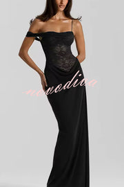 Sexy See-Through Lace Suspender Slim Slit Maxi Dress