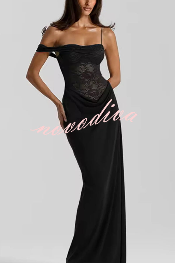 Sexy See-Through Lace Suspender Slim Slit Maxi Dress