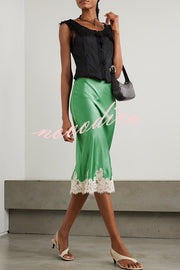 Celebration Look Contrast Color Satin Lace Trim Elastic Waist Drape Midi Skirt