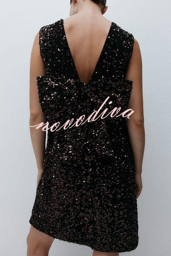 Glam Season Velvet Sequin Back Oversized Bow Design Sleeveless Loose Mini Dress