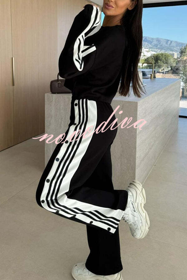 Sporty Chic Striped Patchwork Sweatshirt and Elastic Waist Side Button Up Loose Pants Set