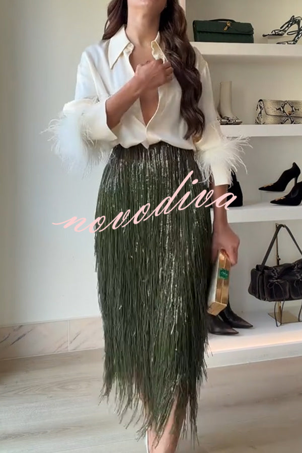 Party Crasher Layered Sequined Tassels High Rise Back Zipper Midi Skirt