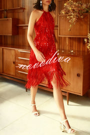 Sexy Sleeveless Halter Neck Tassel Sequin Mini Dress