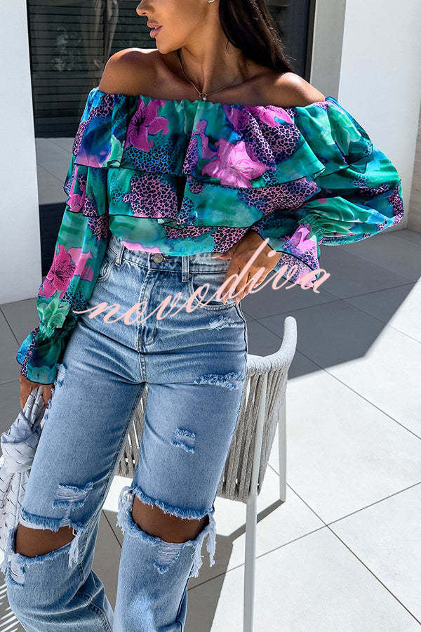 Colorful Botanical Print Sexy Off-shoulder Ruffle Top