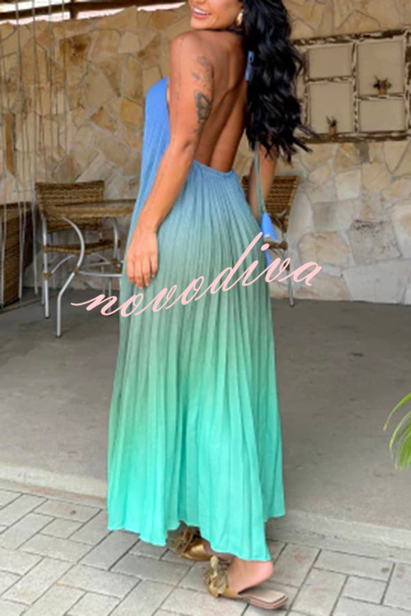 Sea goddess Gradient Print Pleated Halter Backless A-line Maxi Dress