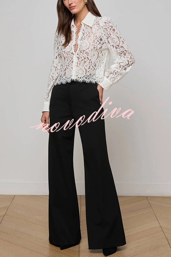 Paris Trends Floral Lace Puff Shoulder  Button Long Sleeve Blouse