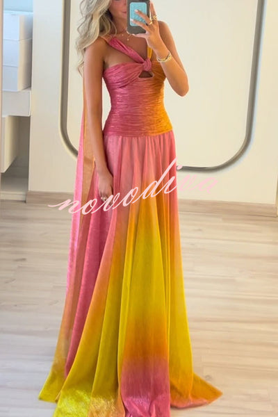 Vireya Metallic Fabric Gradient Print Ruched Cutout Halter Maxi Dress