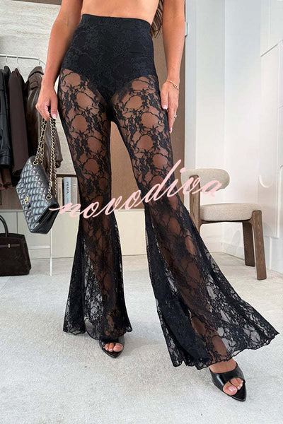 Chic Moment Floral Lace High Rise Elastic Waist Fishtail Hem Stretch Pants