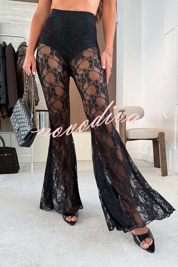 Chic Moment Floral Lace High Rise Elastic Waist Fishtail Hem Stretch Pants