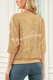 Solid Color Sequined Loose Round Neck Casual Top