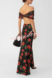 Rose Print Sexy Strapless Backless Slim Maxi Dress