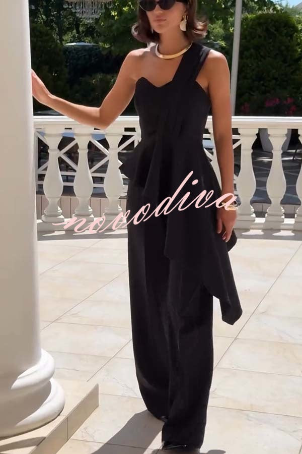 Amena One Shoulder Sweetheart Neck Ruffle Hem Top and Elastic Waist Pocket Wide Leg Pants Set