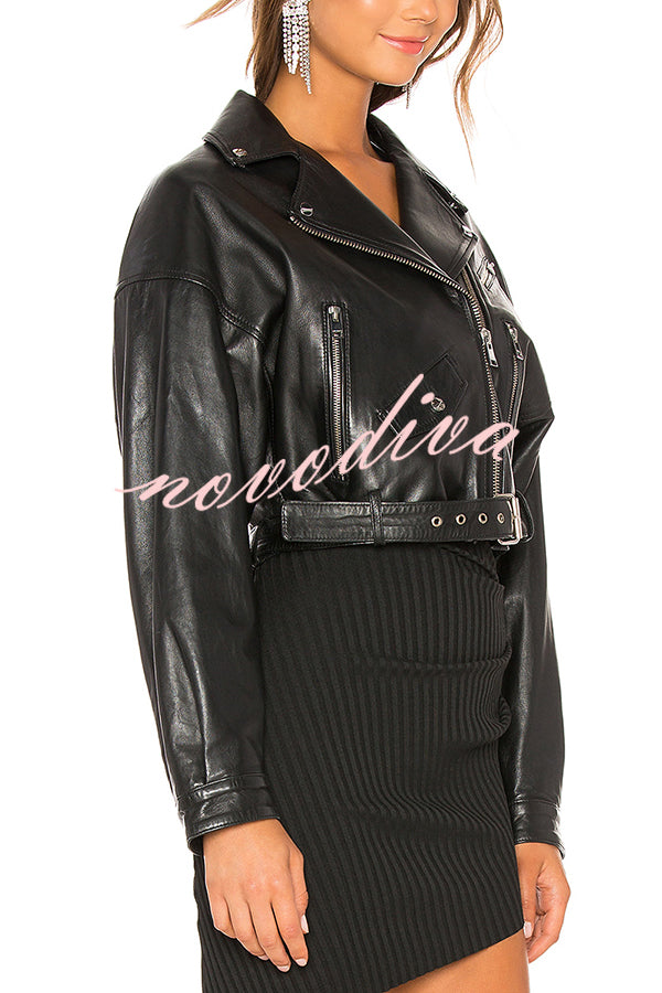 Fashion Lapel Long Sleeve Casual Zipper Pocket Leather Jacket