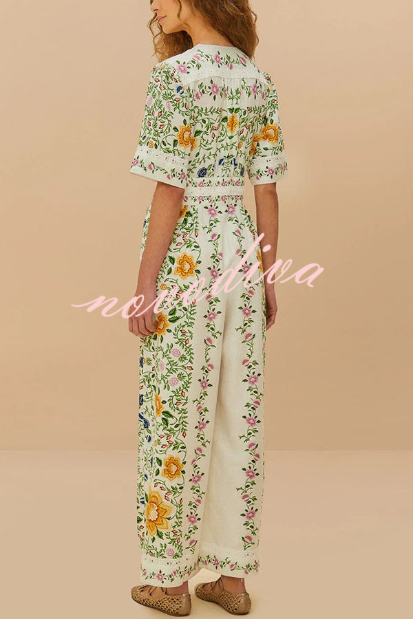 Natural Charm Linen Blend Floral  Print Short Sleeve Pocketed Wide Leg Jumpsuit