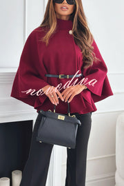 Elegant Moment Woolen Button Turtleneck Belted Oversized Cape