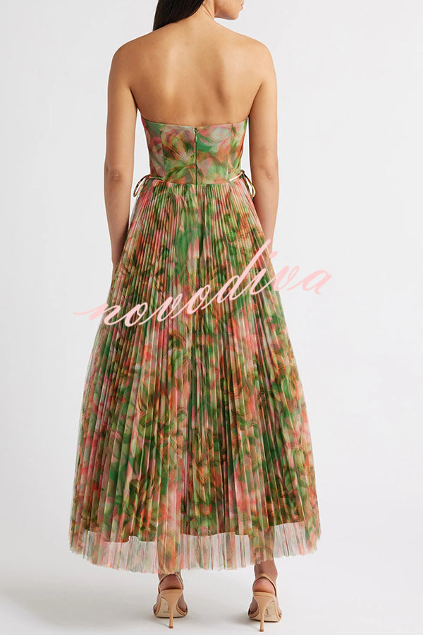 Romantic Factor Pleated Mesh Watercolor Print Bow Detail Strapless Maxi Dress