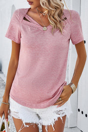 Casual Solid Color Short Sleeved V Neck Hollow T-Shirt