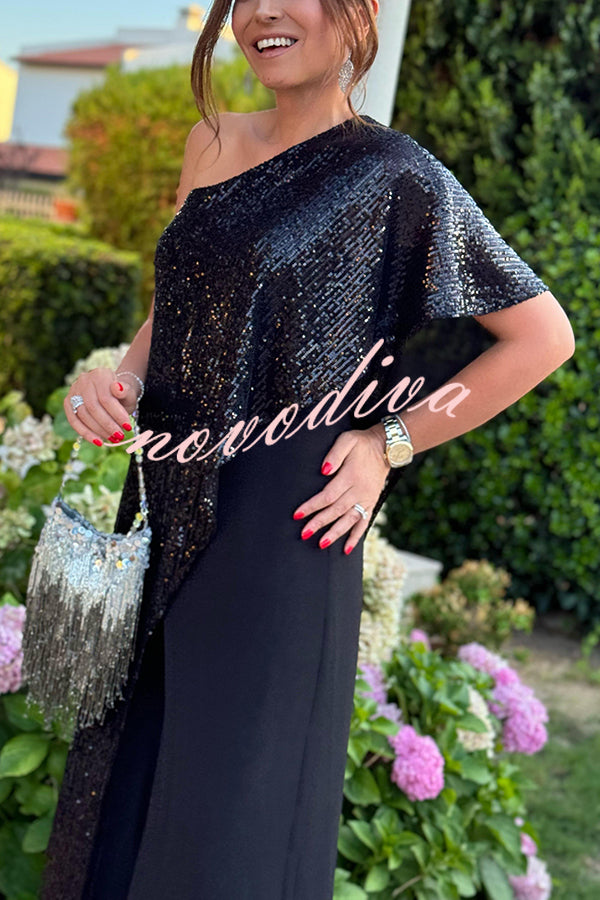 Party Favors Sequin One Shoulder Ruffle Detail Wide Leg Evening Jumpsuit