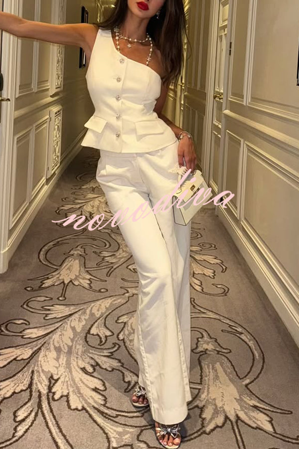 Fashion One-shoulder Slim-fit Button Vest and Casual Pocket Straight-leg Suit Pants Set