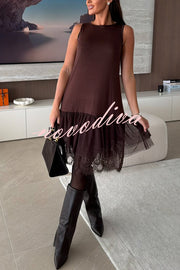 Upper East Chic Tulle Lace Tiered Hem Stretch Tank Midi Dress