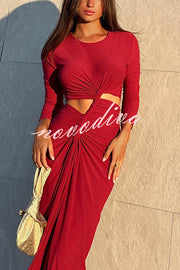 Solid Color Round Neck Long Sleeve Sexy Exposed Waist Slit Maxi Dress