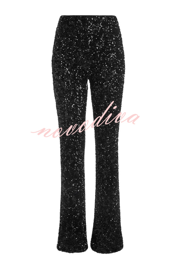 Sparkle Season Sequin High Rise Elastic Waist Stretch Flare Party Pants