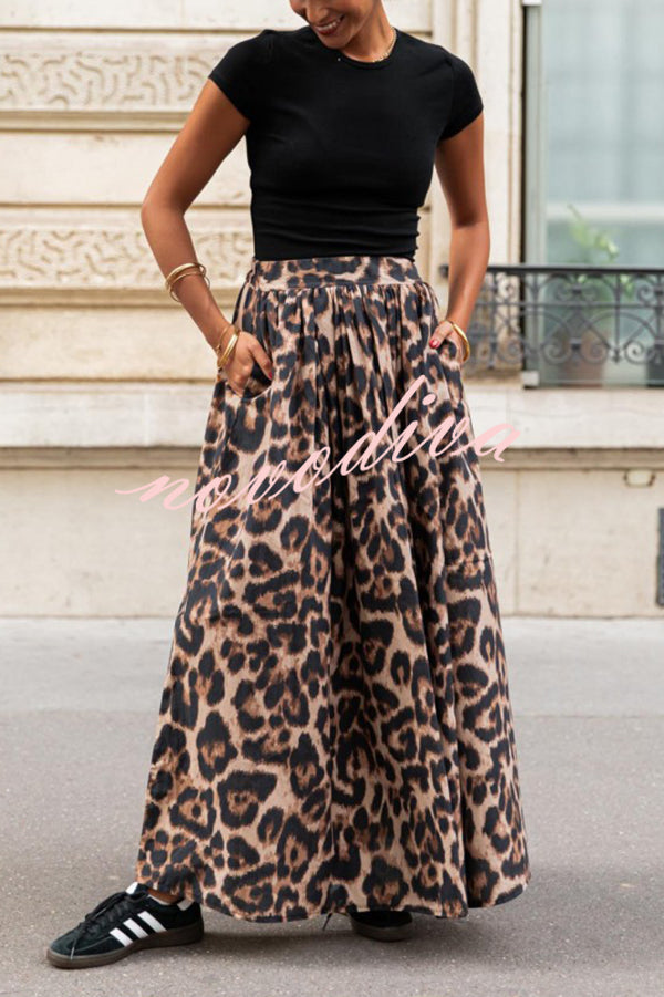 Leopard Print Pocket Pleated Hem Maxi Skirt