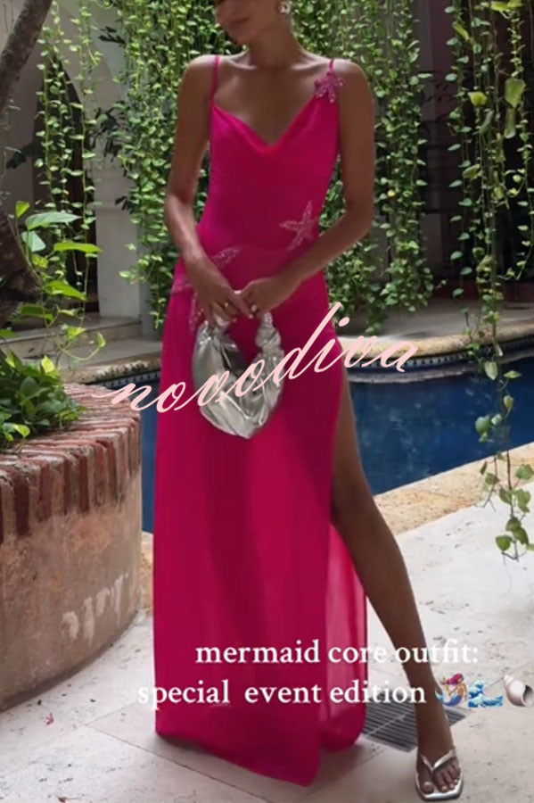 Mermaid Chiffon Starfish Sequin Asymmetric Neck Slit Maxi Dress