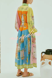 Unique Print Lapel Lantern Sleeve Single Breasted Tie Waist Midi Dress