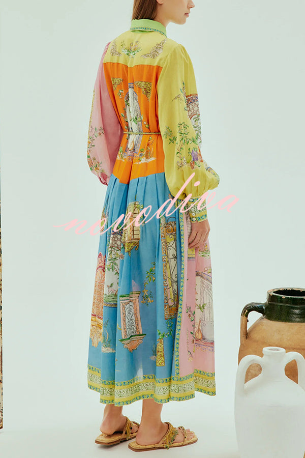 Unique Print Lapel Lantern Sleeve Single Breasted Tie Waist Midi Dress